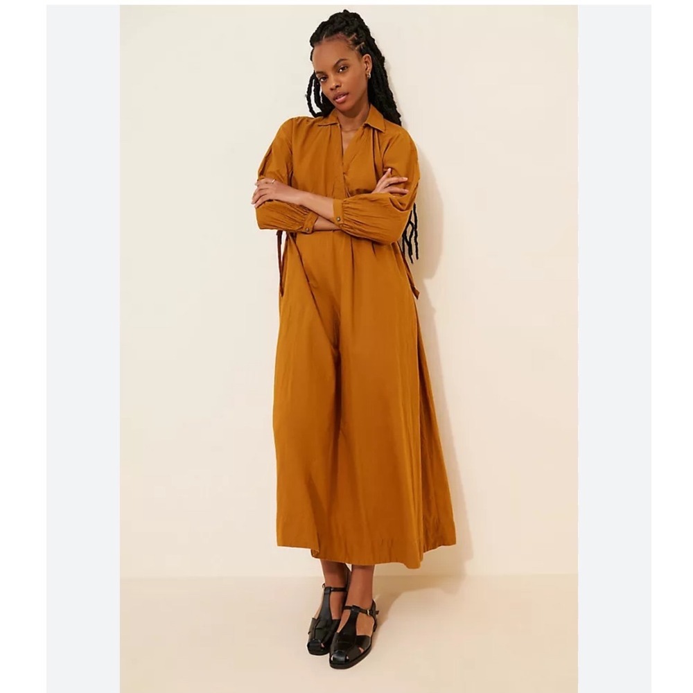 Maeve Anthropologie Cinched Shirt Dress 100% Cotton Mustard Yellow Maxi Large